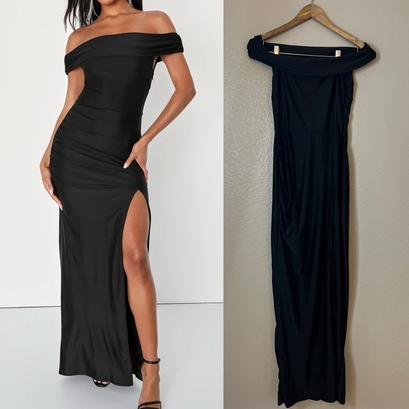 NWOT Absolute Glamour Black Off-the-Shoulder Maxi Dress - Picture 1 of 8
